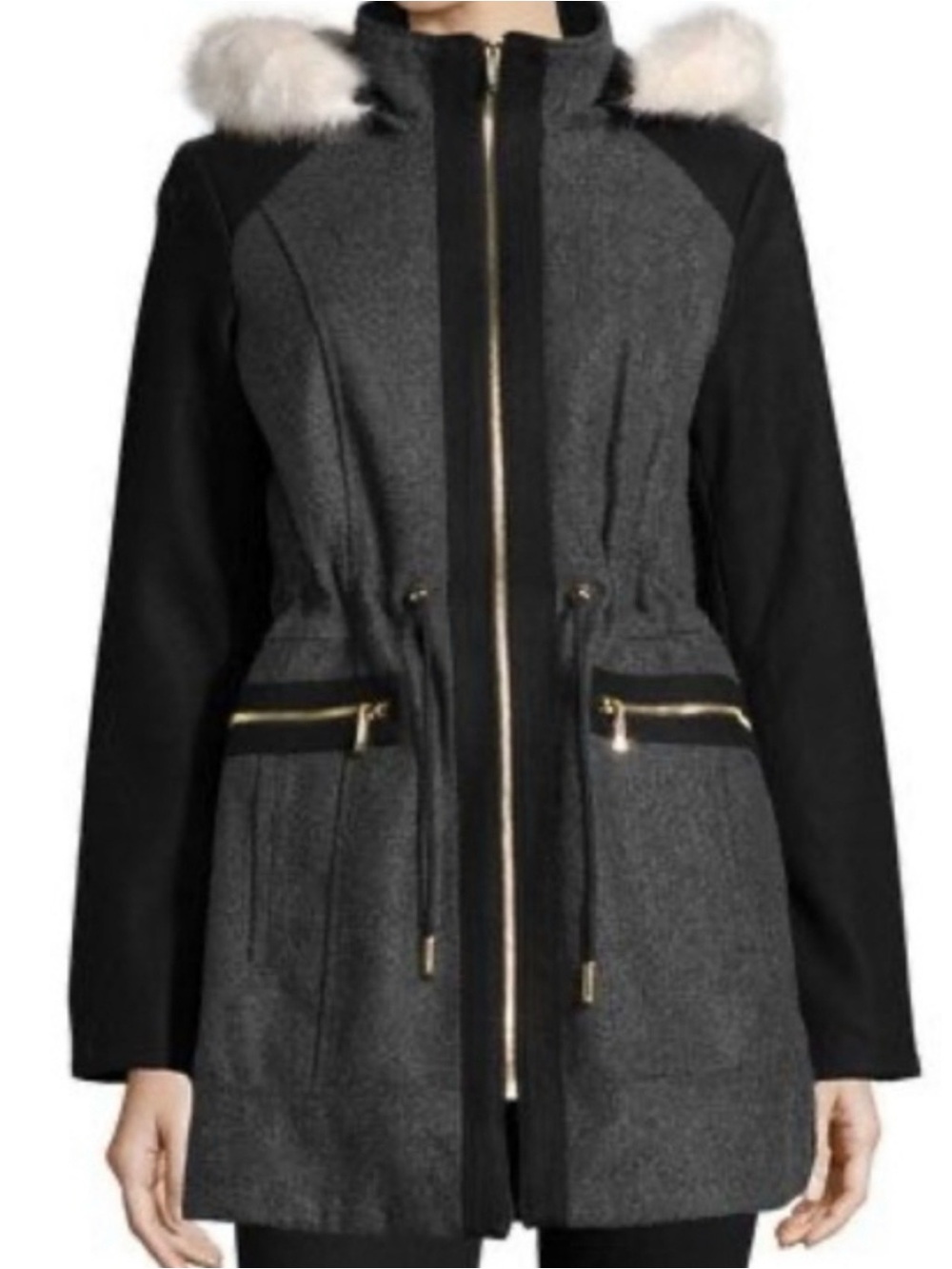 Laundry By Shelli Segal Black/Charcoal Hooded Trench Coat with Faux Fur Trim M